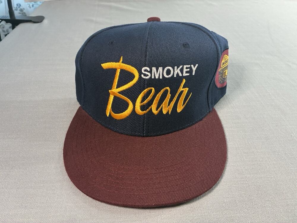 Smokey Bear Snapback Hat Navy Burgundy Fire Prevention Vintage Style Cap
